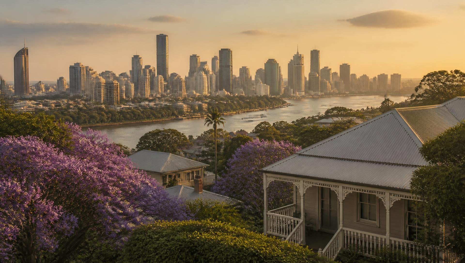 Brisbane city and the Brisbane River seen from a leafy inner suburb at golden hour